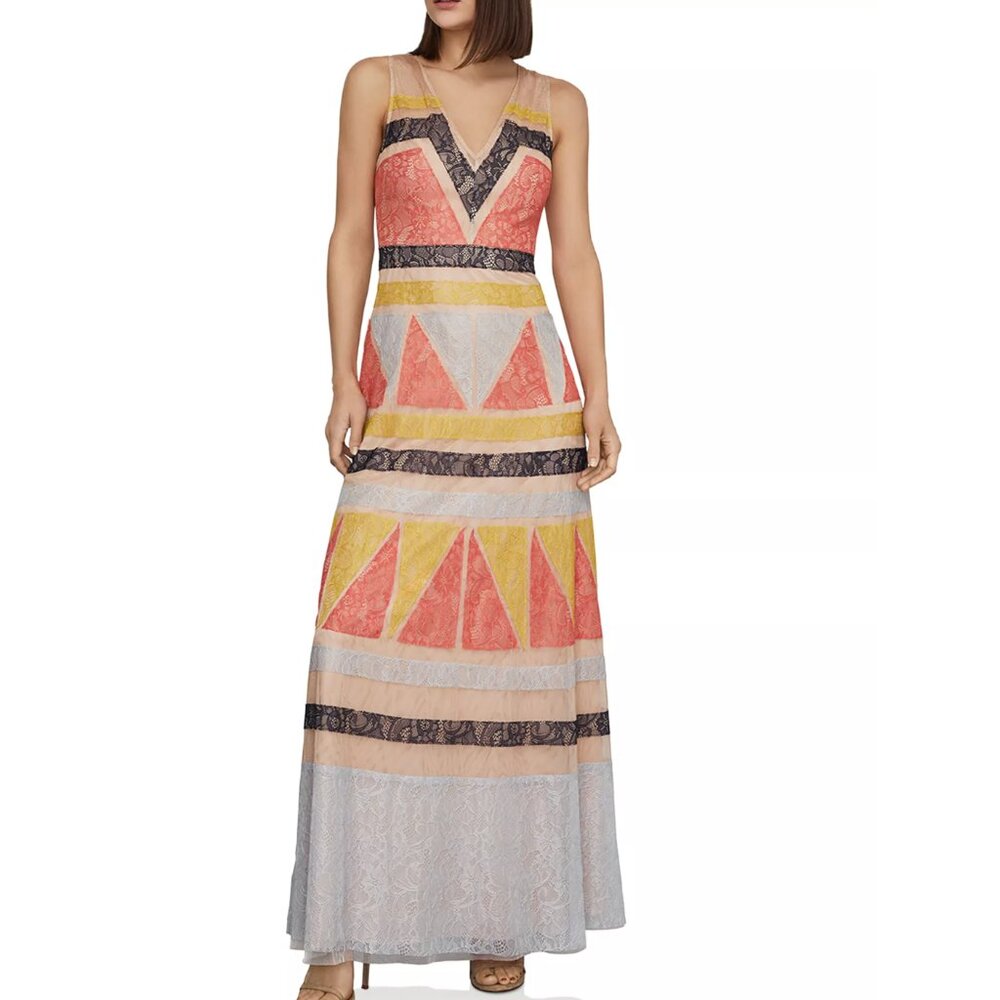 BCBGMAXAZRIA Color-Block Lace-Appliqué Maxi Dress